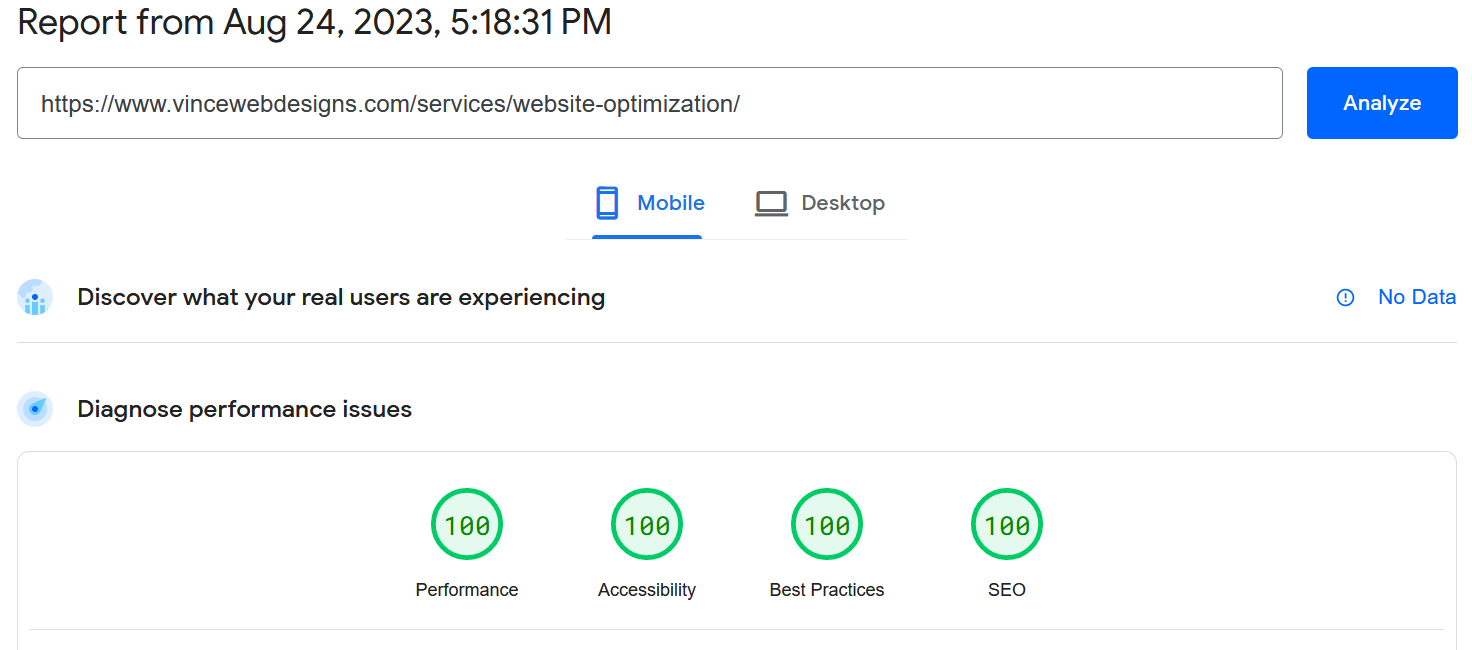 Image of this page's Google's Core Web Vitals score. My guarantee that my websites are blazingly fast and in accordance with Google's Core Web Vitals metrics.